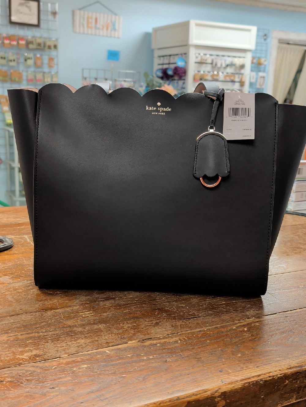 Kate Spade Mina Magnolia Street Black Scallop-Edge Leather Tote with Charm, NWT